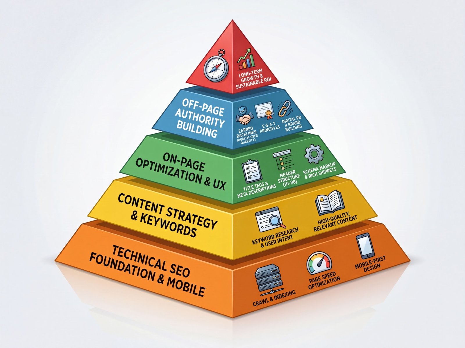 SEO strategy pyramid showing technical SEO, content, on-page optimization, off-page authority and long-term growth